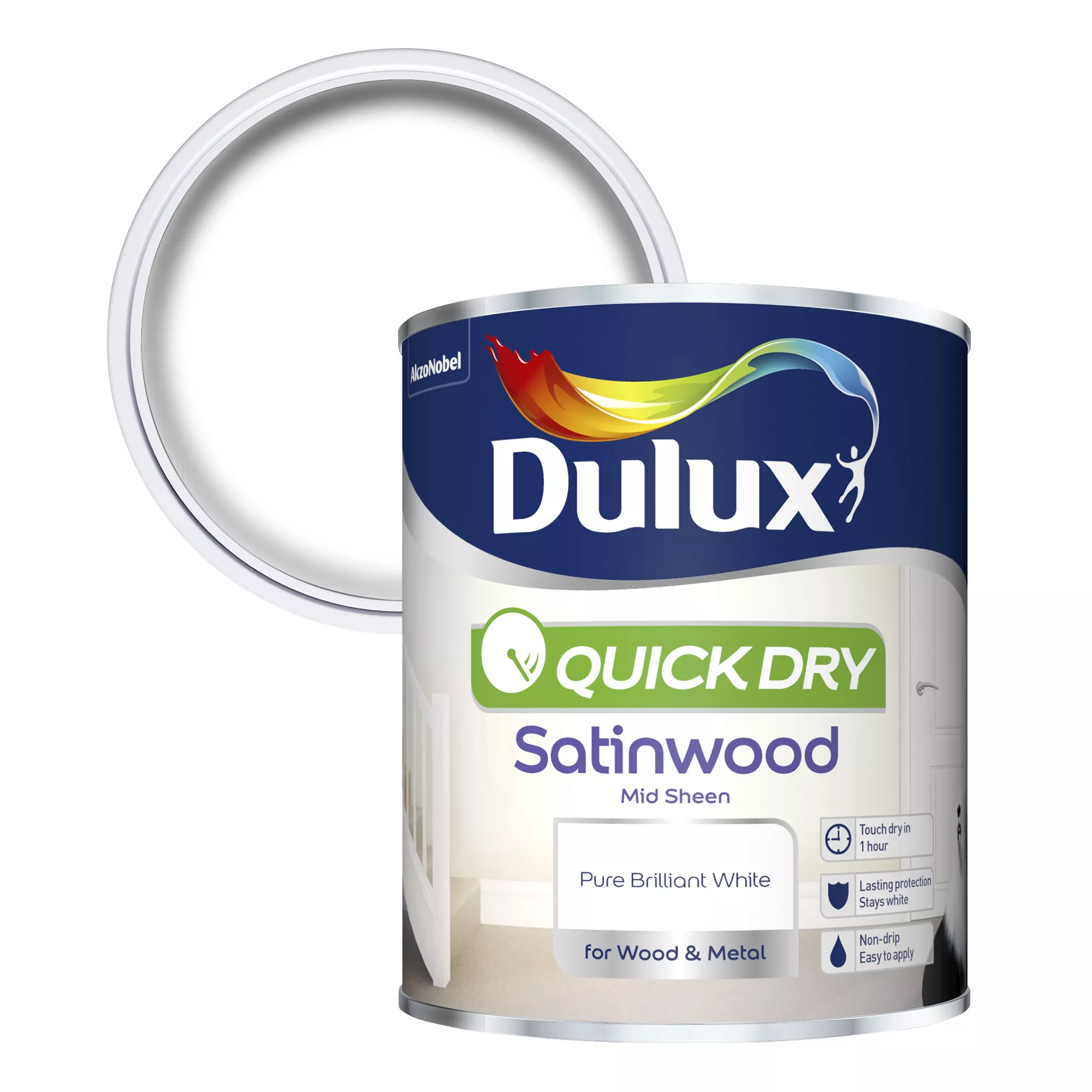 Dulux Quick dry Pure brilliant white Satinwood Metal & wood paint, 750ml Dulux Quick Dry Pure Brilliant White Satinwood Metal & Wood Paint, 750ml -Trade Point Sale Shop dulux quick dry pure brilliant white satinwood metal wood paint 750ml5010212585108 02c bq