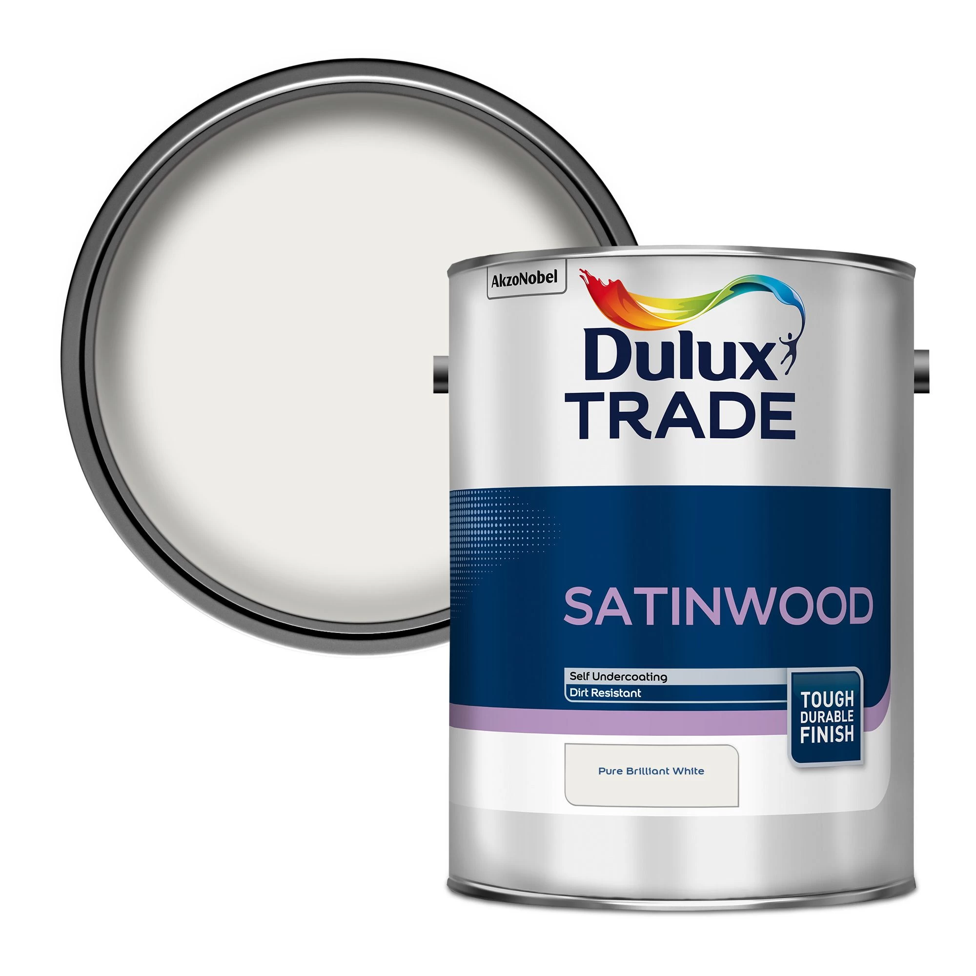 Dulux Trade Brilliant white Satinwood Multi-surface paint, 5L Dulux Trade Brilliant White Satinwood Multi-surface Paint, 5L -Trade Point Sale Shop dulux trade brilliant white satinwood multi surface paint 5l5010212570982 02c bq