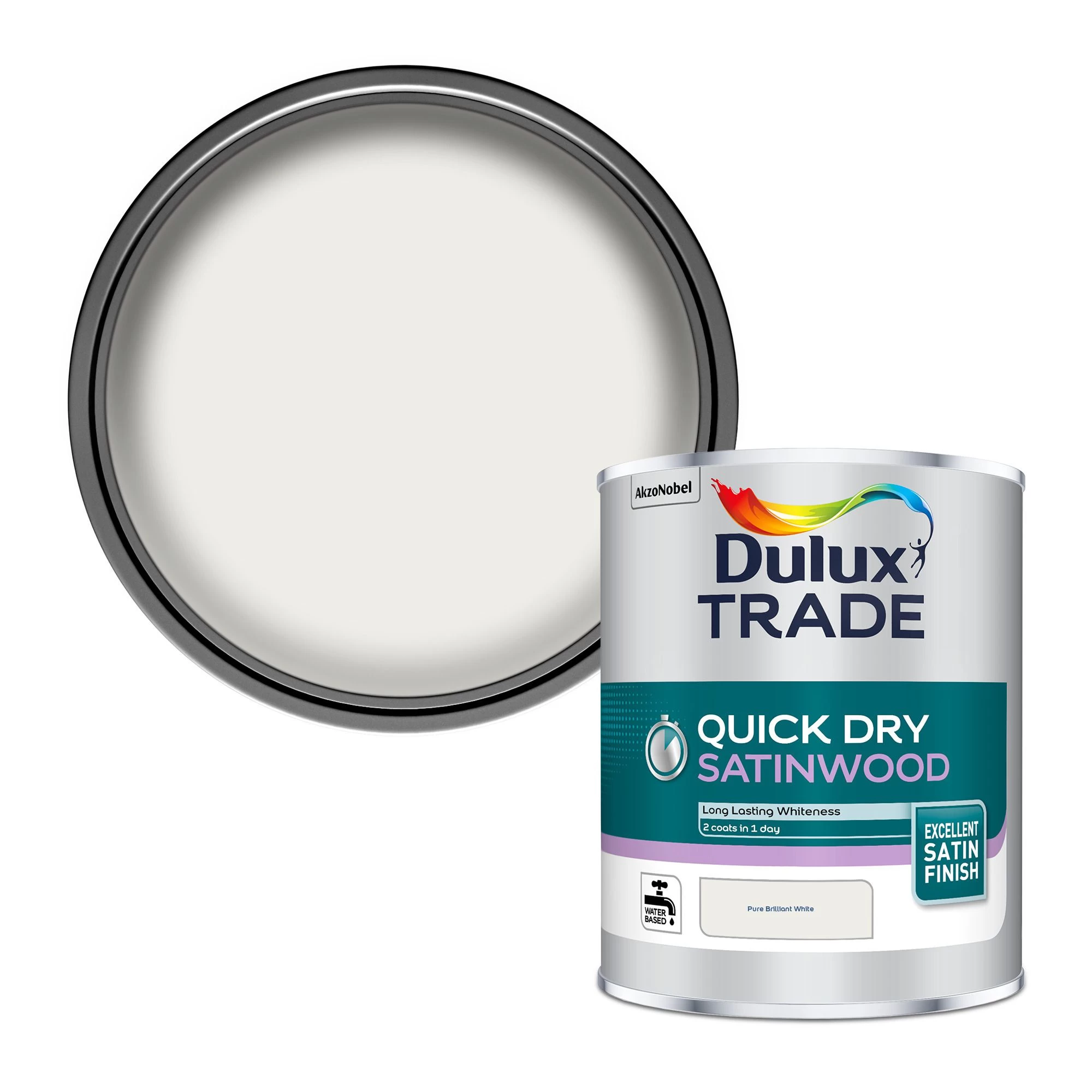 Dulux Trade Quickdry Pure brilliant white Satinwood Metal & wood paint, 1L Dulux Trade Quickdry Pure Brilliant White Satinwood Metal & Wood Paint, 1L -Trade Point Sale Shop dulux trade quickdry pure brilliant white satinwood metal wood paint 1l5010212611371 02c bq