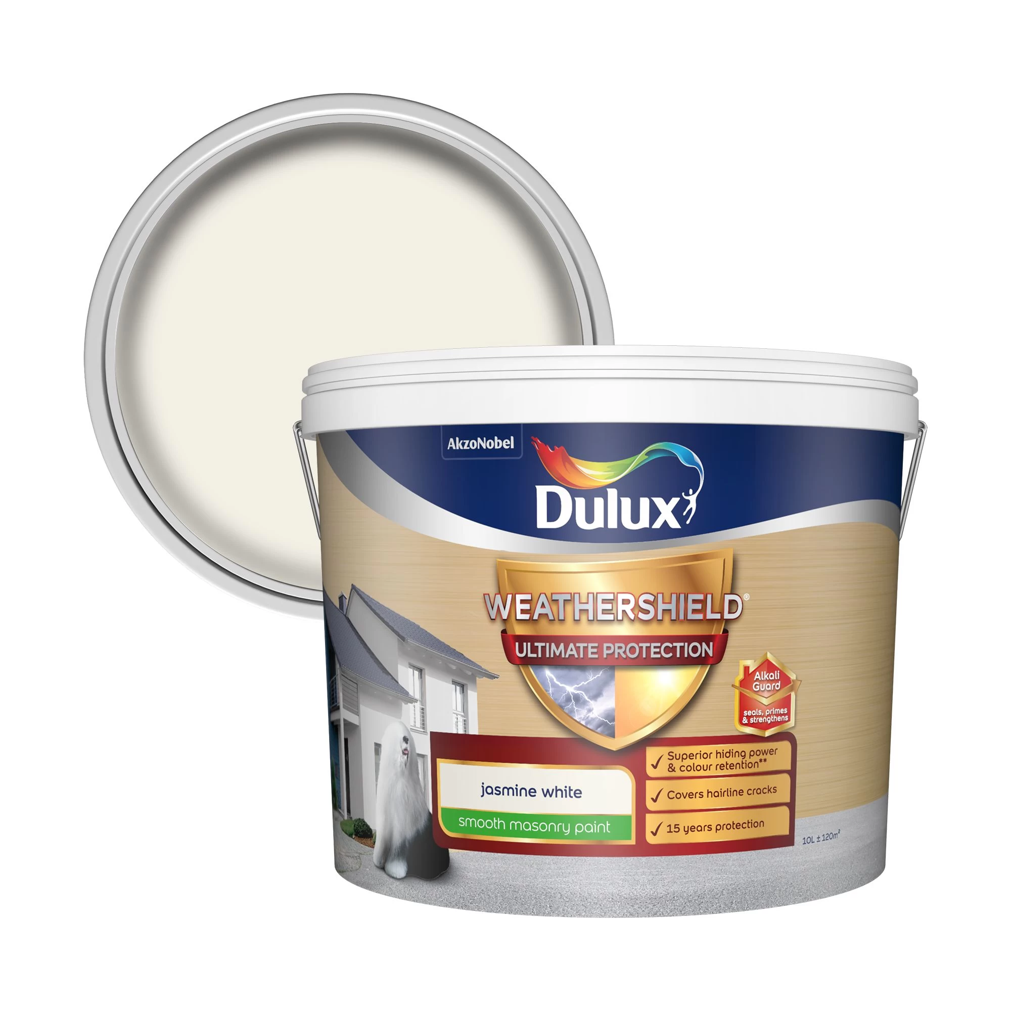 Dulux Weathershield Jasmine white Smooth Matt Masonry paint, 10L Dulux Weathershield Jasmine White Smooth Matt Masonry Paint, 10L -Trade Point Sale Shop dulux weathershield jasmine white smooth matt masonry paint 10l5010212644867 02c BQ
