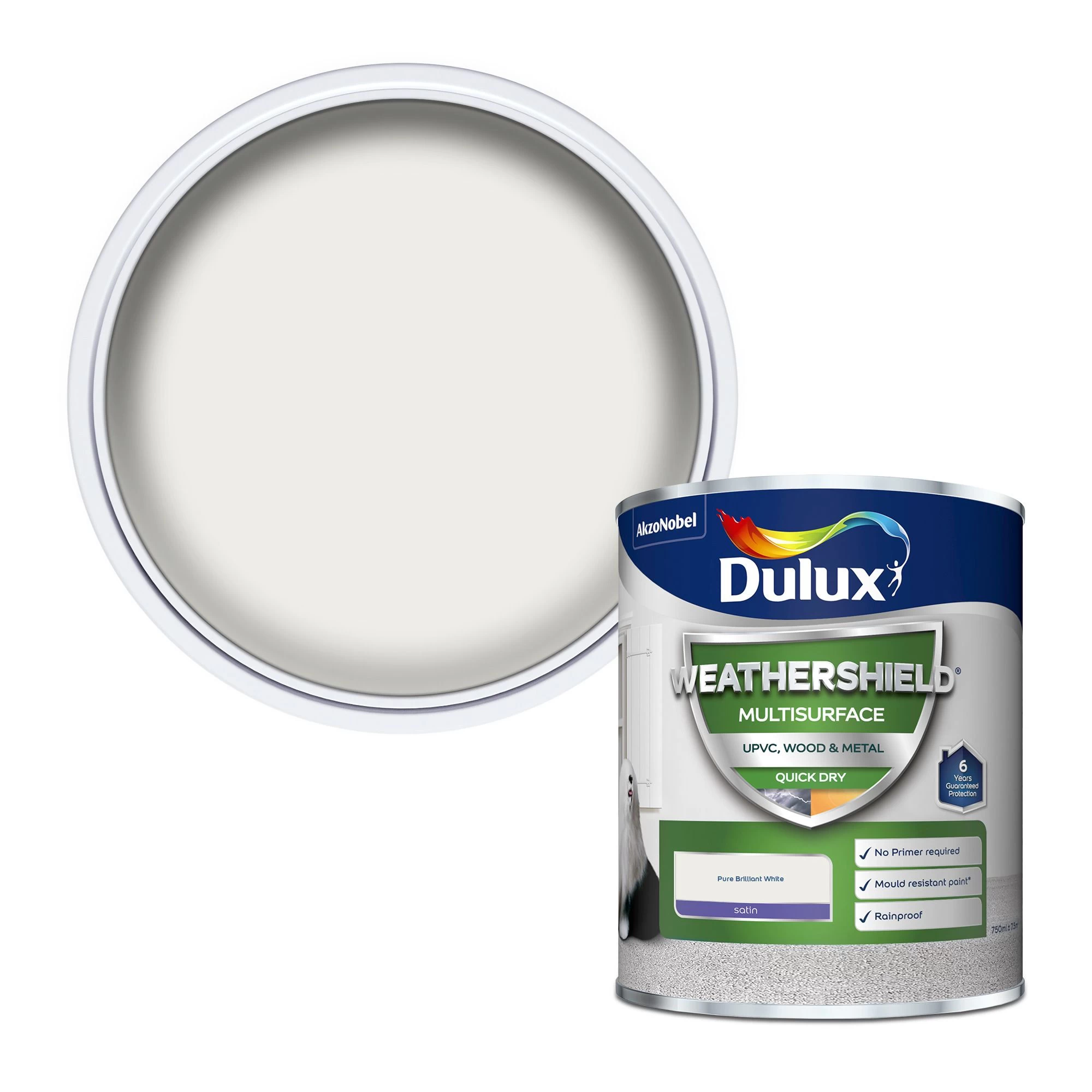 Dulux Weathershield Pure brilliant white Satinwood Multi-surface paint, 750ml Dulux Weathershield Pure Brilliant White Satinwood Multi-surface Paint, 750ml -Trade Point Sale Shop dulux weathershield pure brilliant white satinwood multi surface paint 750ml5010212617199 02c bq