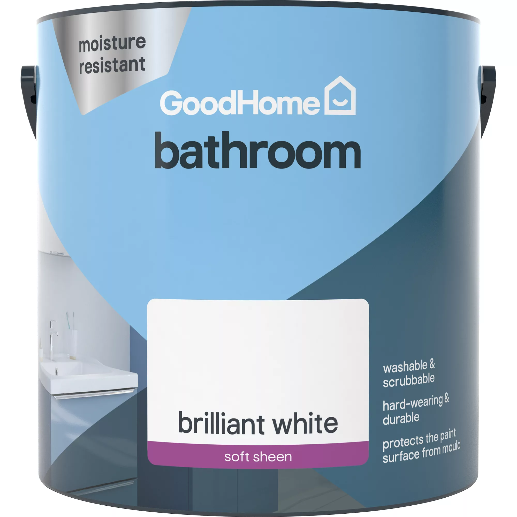 GoodHome Bathroom Brilliant white Soft sheen Emulsion paint, 2.5L GoodHome Bathroom Brilliant White Soft Sheen Emulsion Paint, 2.5L -Trade Point Sale Shop goodhome bathroom brilliant white soft sheen emulsion paint 2 5l5059340232072 02c
