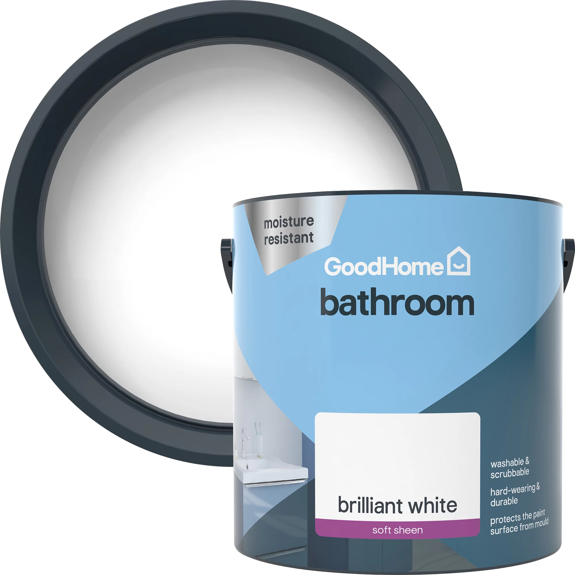GoodHome Bathroom Brilliant white Soft sheen Emulsion paint, 2.5L GoodHome Bathroom Brilliant White Soft Sheen Emulsion Paint, 2.5L -Trade Point Sale Shop goodhome bathroom brilliant white soft sheen emulsion paint 2 5l5059340232072 37c