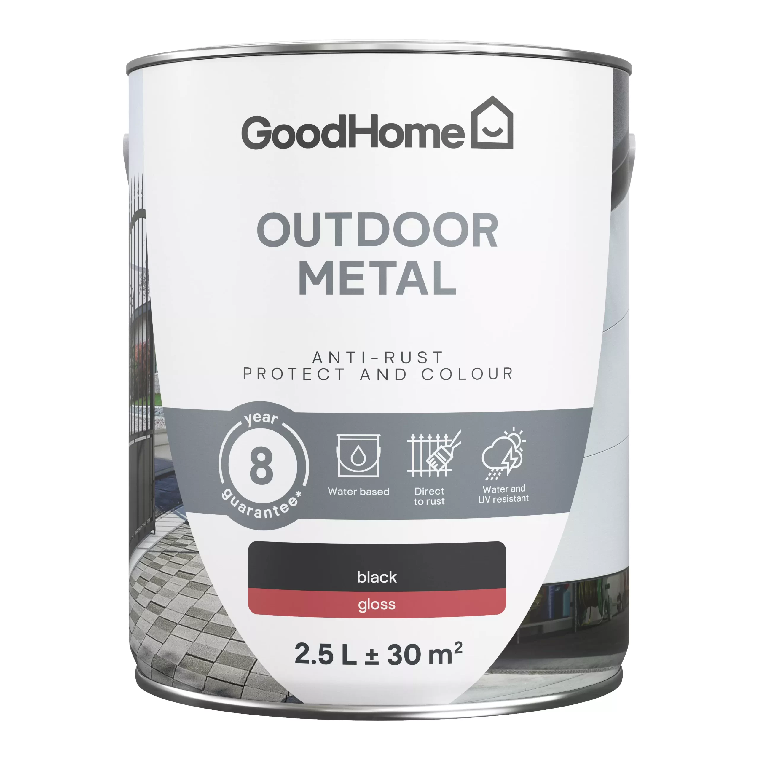 GoodHome Outdoor Black Gloss Exterior Metal paint, 2.5L Tin GoodHome Outdoor Black Gloss Exterior Metal Paint, 2.5L Tin -Trade Point Sale Shop goodhome outdoor black gloss exterior metal paint 2 5l tin5059340296074 02c scaled