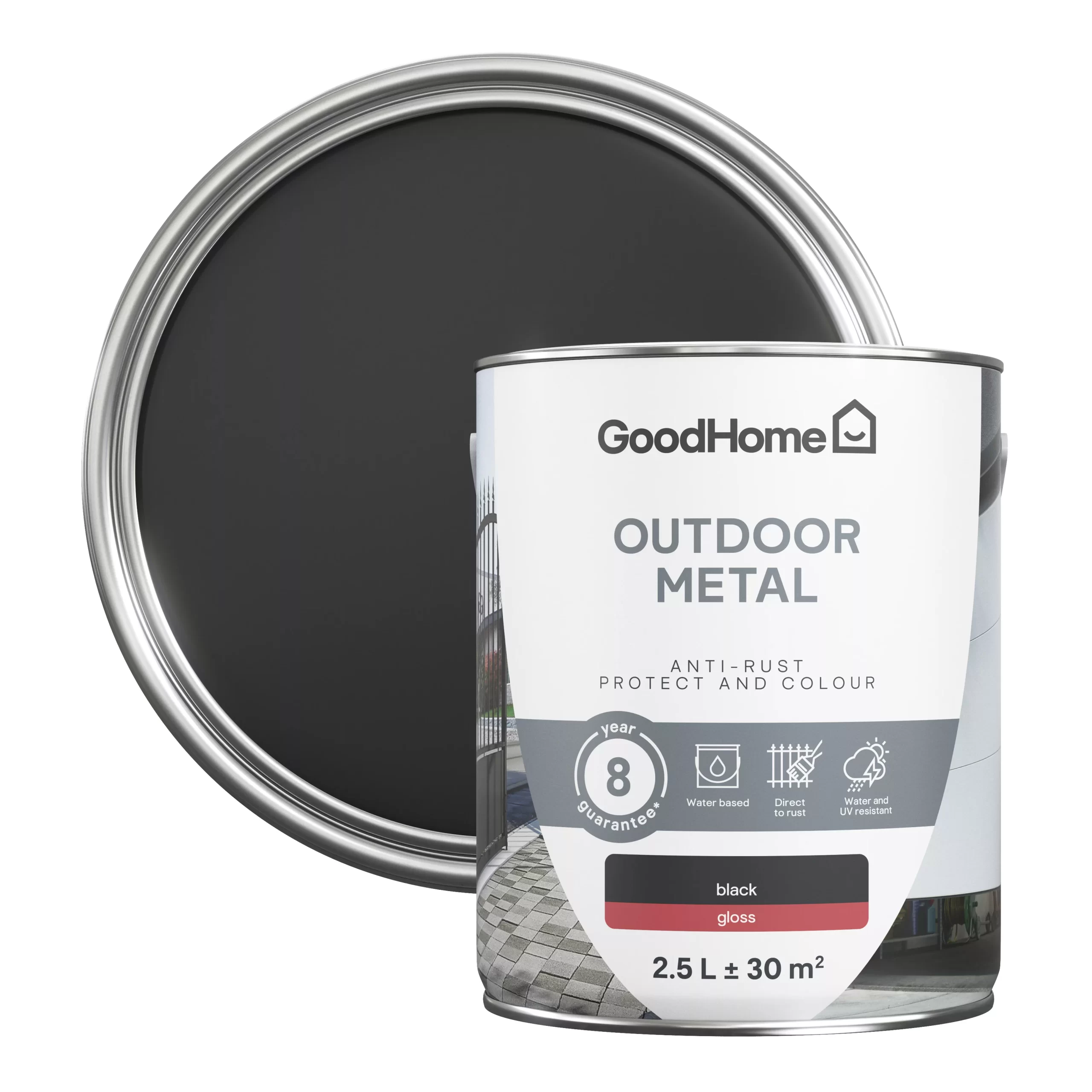 GoodHome Outdoor Black Gloss Exterior Metal paint, 2.5L Tin GoodHome Outdoor Black Gloss Exterior Metal Paint, 2.5L Tin -Trade Point Sale Shop goodhome outdoor black gloss exterior metal paint 2 5l tin5059340296074 21c scaled