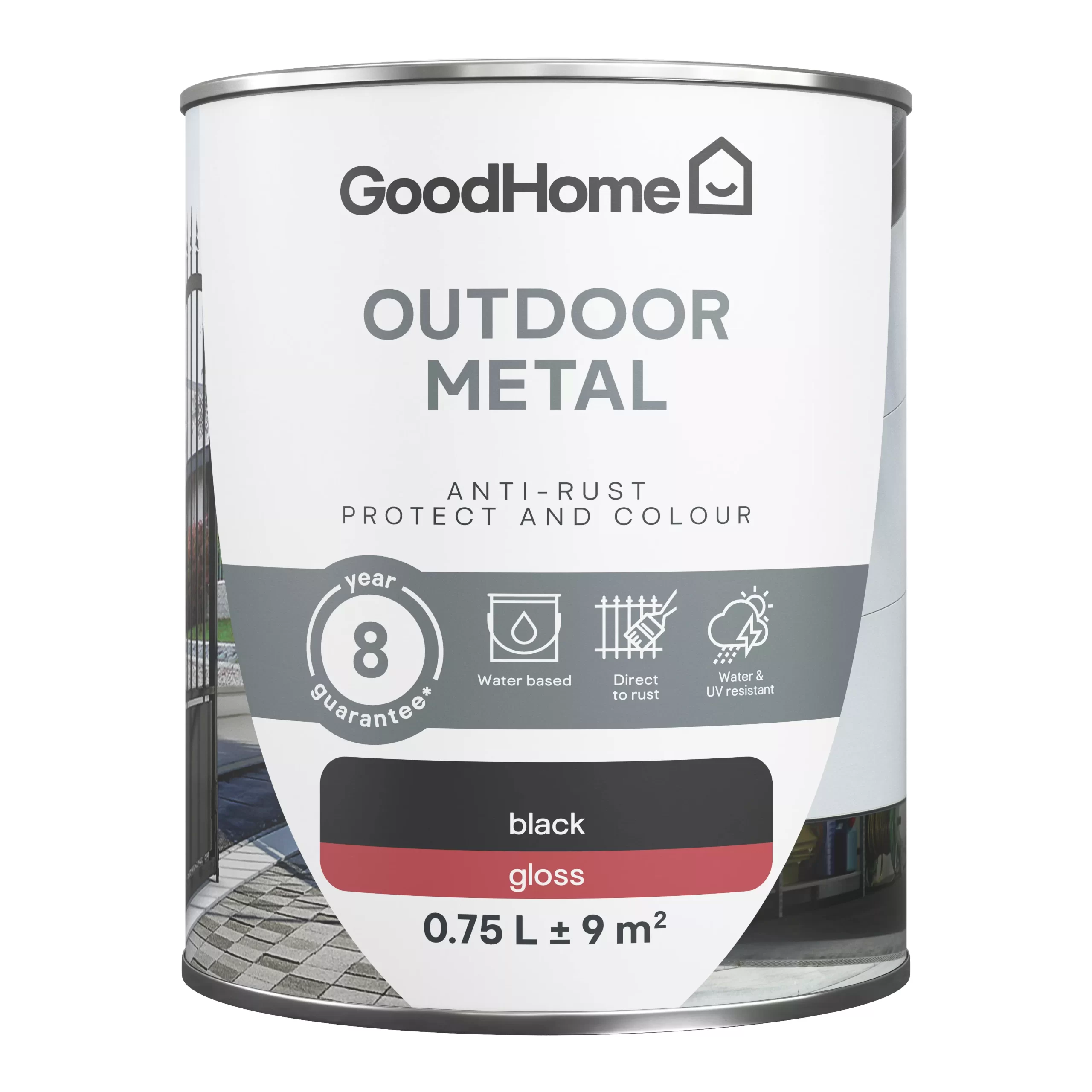 GoodHome Outdoor Black Gloss Exterior Metal paint, 750ml Tin GoodHome Outdoor Black Gloss Exterior Metal Paint, 750ml Tin -Trade Point Sale Shop goodhome outdoor black gloss exterior metal paint 750ml tin5059340296029 02c scaled