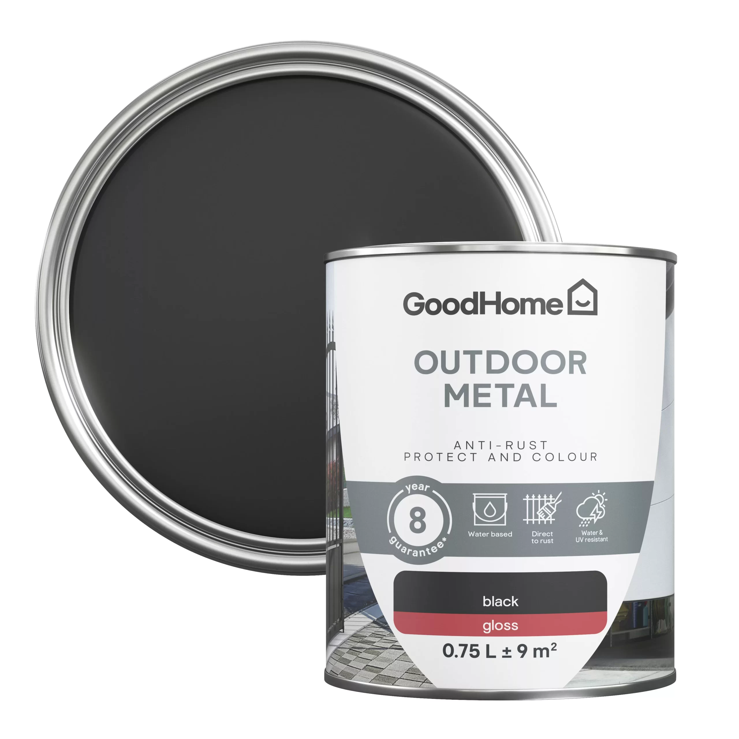 GoodHome Outdoor Black Gloss Exterior Metal paint, 750ml Tin GoodHome Outdoor Black Gloss Exterior Metal Paint, 750ml Tin -Trade Point Sale Shop goodhome outdoor black gloss exterior metal paint 750ml tin5059340296029 21c scaled