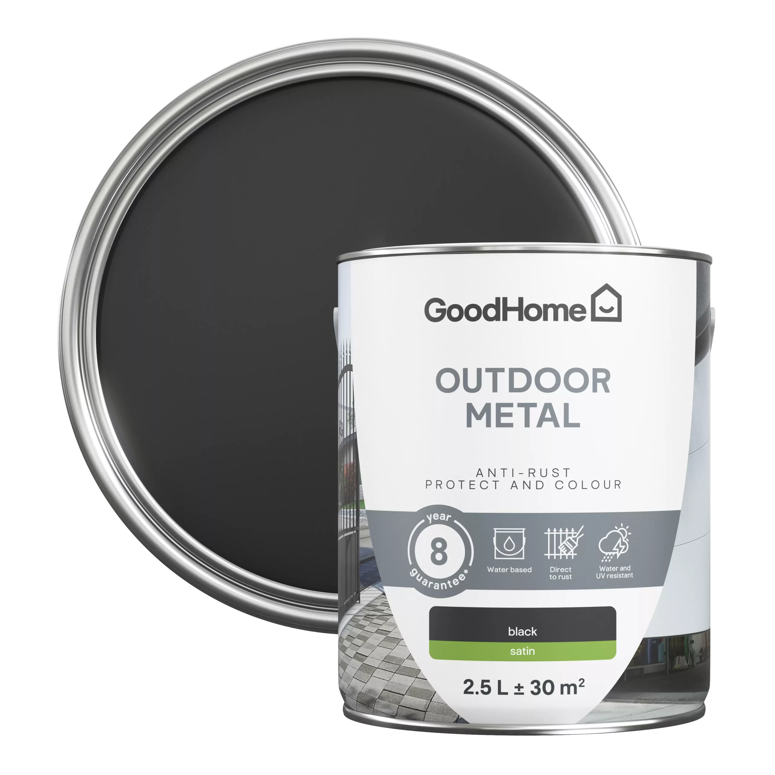 GoodHome Outdoor Black Satinwood Exterior Metal paint, 2.5L Tin GoodHome Outdoor Black Satinwood Exterior Metal Paint, 2.5L Tin -Trade Point Sale Shop goodhome outdoor black satinwood exterior metal paint 2 5l tin5059340296104 21c scaled