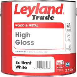 Leyland Trade Pure Brilliant White Gloss Metal & Wood Paint, 2.5L