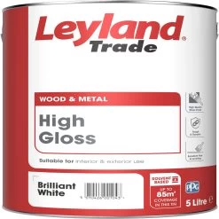 Leyland Trade Pure Brilliant White Gloss Metal & Wood Paint, 5L