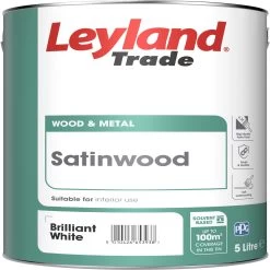 Leyland Trade Pure Brilliant White Satinwood Metal & Wood Paint, 5L