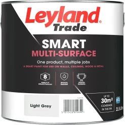Leyland Trade Smart Light Grey Mid Sheen Multi-surface Paint, 2.5L -Trade Point Sale Shop leyland trade smart light grey mid sheen multi surface paint 2 5l5010426814650 02c bq