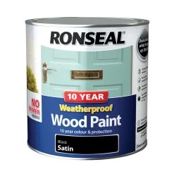 Ronseal 10 Year Weatherproof Wood Paint Black Satin Exterior Wood Paint, 2.5L Tin