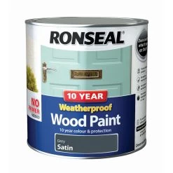 Ronseal 10 Year Weatherproof Wood Paint Grey Satin Exterior Wood Paint, 2.5L Tin