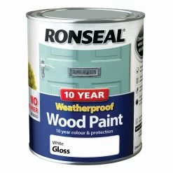 Ronseal 10 Year Weatherproof Wood Paint White Gloss Exterior Wood Paint, 750ml Tin