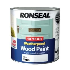 Ronseal 10 Year Weatherproof Wood Paint White Satin Exterior Wood Paint, 2.5L Tin