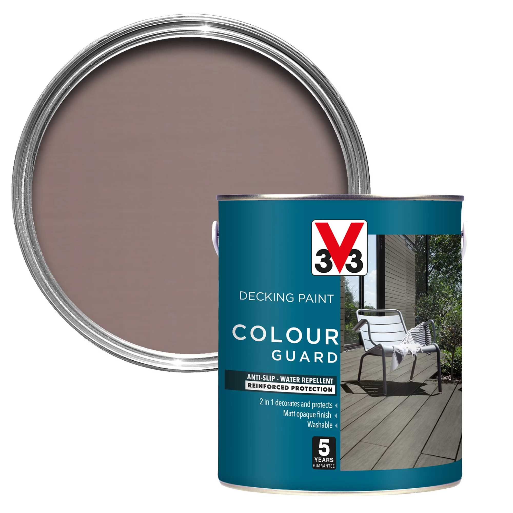 V33 Colour guard Matt light silver Decking paint, 2.5L V33 Colour Guard Matt Light Silver Decking Paint, 2.5L -Trade Point Sale Shop v33 colour guard matt light silver decking paint 2 5l3153895163019 01c