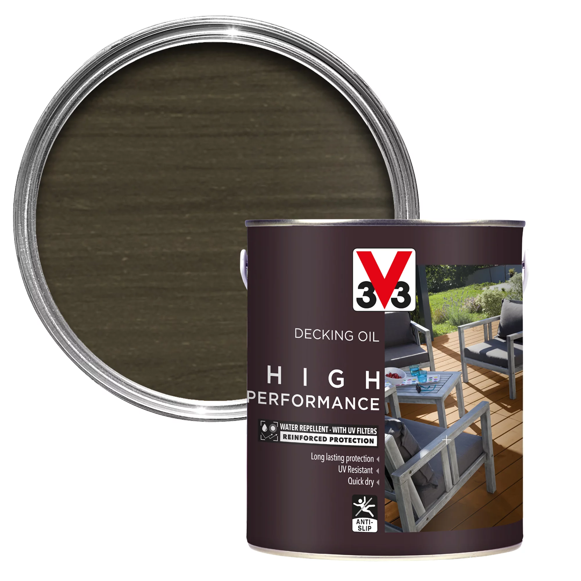 V33 High performance Grey UV resistant Decking Wood oil, 5L V33 High Performance Grey UV Resistant Decking Wood Oil, 5L -Trade Point Sale Shop v33 high performance grey uv resistant decking wood oil 5l3153895164436 08c bq