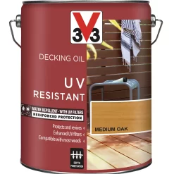 V33 Medium Oak UV Resistant Decking Wood Oil, 5L -Trade Point Sale Shop v33 medium oak uv resistant decking wood oil 5l3153895163101 08c bq