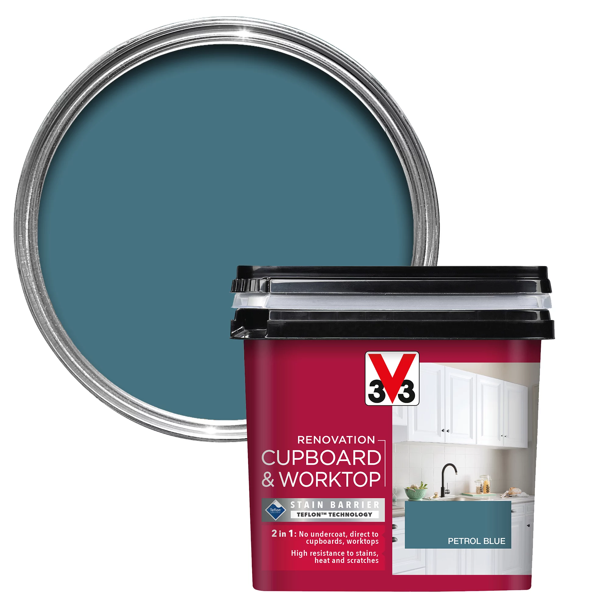 V33 Renovation Petrol Blue Satinwood Cupboard & cabinet paint, 750ml V33 Renovation Petrol Blue Satinwood Cupboard & Cabinet Paint, 750ml -Trade Point Sale Shop v33 renovation petrol blue satinwood cupboard cabinet paint 750ml3153895181006 02c bq