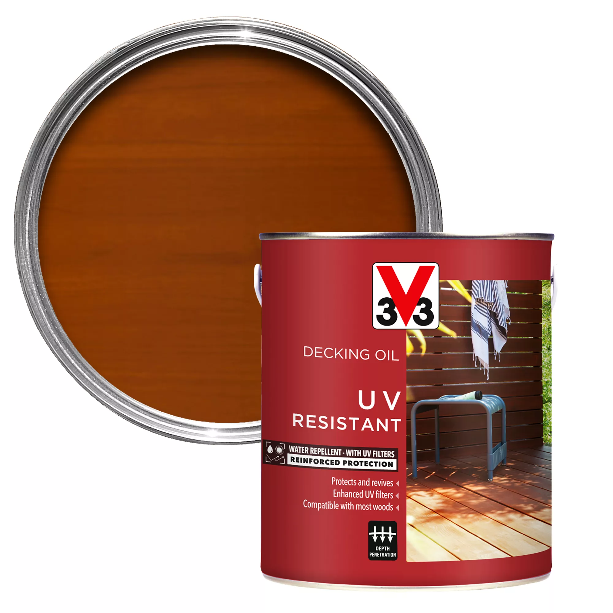 V33 Teak UV resistant Decking Wood oil, 5L V33 Teak UV Resistant Decking Wood Oil, 5L -Trade Point Sale Shop v33 teak uv resistant decking wood oil 5l3153895163118 01c